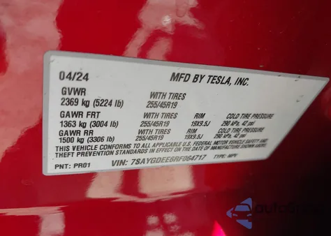 2024 Tesla Model Y Long Range Dual Motor All-Wheel Drive из США, поврежденный, VIN 7SAYGDEE6RF064717